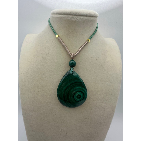 Malachite Teardop Pendant Necklace On Green and Beige Adjustable Rope - Picture 1 of 8